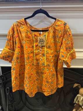 ivy jane Orange Printed Button-Front Peasant Blouse